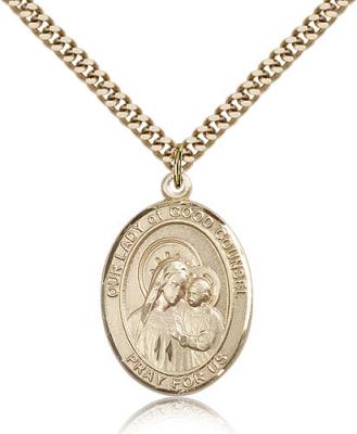 Gold Filled Our Lady of Good Counsel Pendant, Stainless Gold Heavy Curb Chain, Large Size Catholic Medal, 1" x 3/4"