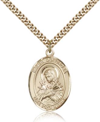 Gold Filled Mater Dolorosa Pendant, Stainless Gold Heavy Curb Chain, Large Size Catholic Medal, 1" x 3/4"