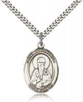 Sterling Silver St. Athanasius Pendant, Stainless Silver Heavy Curb Chain, Large Size Catholic Medal, 1" x 3/4"