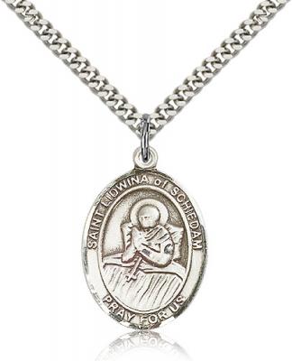Sterling Silver St. Lidwina of Schiedam Pendant, Stainless Silver Heavy Curb Chain, Large Size Catholic Medal, 1" x 3/4"