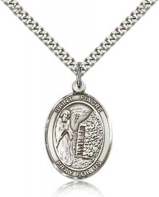 Sterling Silver St. Fiacre Pendant, Stainless Silver Heavy Curb Chain, Large Size Catholic Medal, 1" x 3/4"