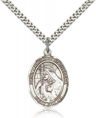 Sterling Silver St. Margaret of Cortona Pendant, Stainless Silver Heavy Curb Chain, Large Size Catholic Medal, 1" x 3/4"