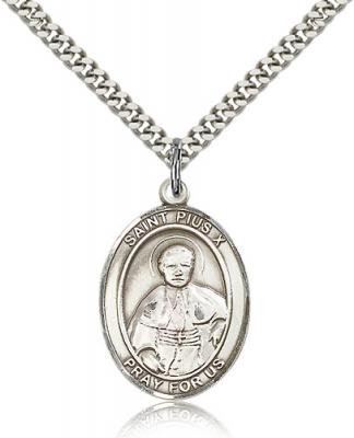 Sterling Silver St. Pius X Pendant, Stainless Silver Heavy Curb Chain, Large Size Catholic Medal, 1" x 3/4"