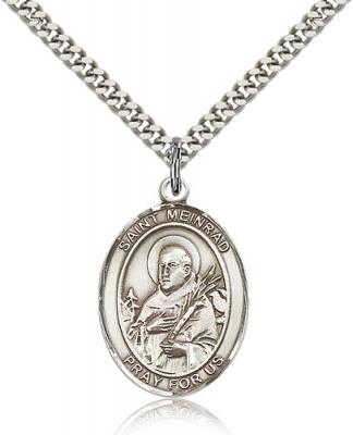 Sterling Silver St. Meinrad of Einsideln Pendant, Stainless Silver Heavy Curb Chain, Large Size Catholic Medal, 1" x 3/4"