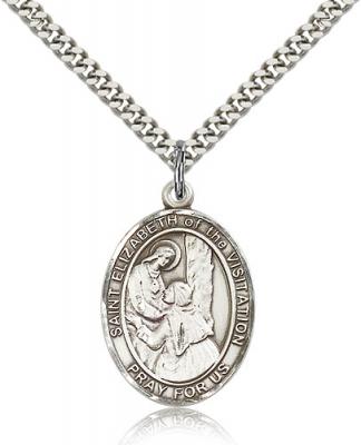 Sterling Silver St. Elizabeth of the Visitation Pe, Stainless Silver Heavy Curb Chain, Large Size Catholic Medal, 1" x 3/4"
