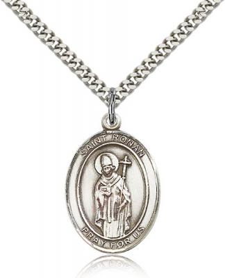 Sterling Silver St. Ronan Pendant, Stainless Silver Heavy Curb Chain, Large Size Catholic Medal, 1" x 3/4"