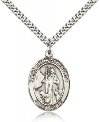 Sterling Silver St. Anthony of Egypt Pendant, Stainless Silver Heavy Curb Chain, Large Size Catholic Medal, 1" x 3/4"