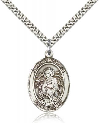 Sterling Silver St. Christina the Astonishing Pend, Stainless Silver Heavy Curb Chain, Large Size Catholic Medal, 1" x 3/4"