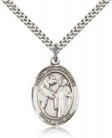 Sterling Silver St. Columbanus Pendant, Stainless Silver Heavy Curb Chain, Large Size Catholic Medal, 1" x 3/4"