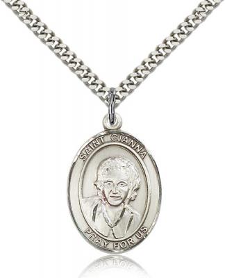 Sterling Silver St. Gianna Pendant, Stainless Silver Heavy Curb Chain, Large Size Catholic Medal, 1" x 3/4"