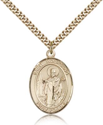 Gold Filled St. Wolfgang Pendant, Stainless Gold Heavy Curb Chain, Large Size Catholic Medal, 1" x 3/4"