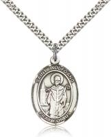 Sterling Silver St. Wolfgang Pendant, Stainless Silver Heavy Curb Chain, Large Size Catholic Medal, 1" x 3/4"