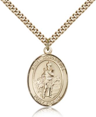 Gold Filled St. Cornelius Pendant, Stainless Gold Heavy Curb Chain, Large Size Catholic Medal, 1" x 3/4"