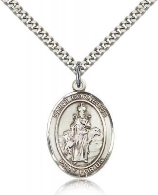 Sterling Silver St. Cornelius Pendant, Stainless Silver Heavy Curb Chain, Large Size Catholic Medal, 1" x 3/4"