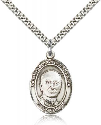 Sterling Silver St. Hannibal Pendant, Stainless Silver Heavy Curb Chain, Large Size Catholic Medal, 1" x 3/4"