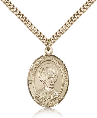 Gold Filled St. Louis Marie de Montfort Pendant, Stainless Gold Heavy Curb Chain, Large Size Catholic Medal, 1" x 3/4"