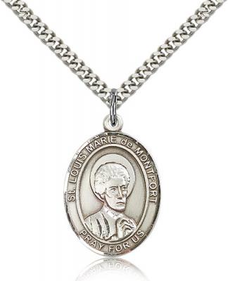 Sterling Silver St. Louis Marie de Montfort Pendan, Stainless Silver Heavy Curb Chain, Large Size Catholic Medal, 1" x 3/4"