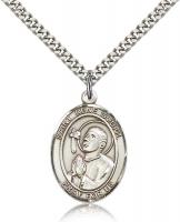 Sterling Silver St. Rene Goupil Pendant, Stainless Silver Heavy Curb Chain, Large Size Catholic Medal, 1" x 3/4"