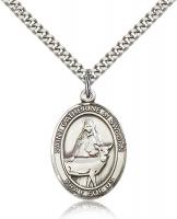 Sterling Silver St. Catherine of Sweden Pendant, Stainless Silver Heavy Curb Chain, Large Size Catholic Medal, 1" x 3/4"