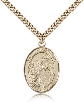 Gold Filled St. Nimatullah Pendant, Stainless Gold Heavy Curb Chain, Large Size Catholic Medal, 1" x 3/4"