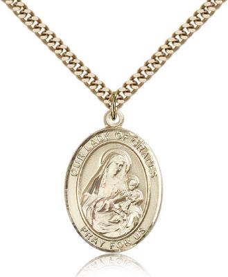 Gold Filled Our Lady of Grapes Pendant, Stainless Gold Heavy Curb Chain, Large Size Catholic Medal, 1" x 3/4"