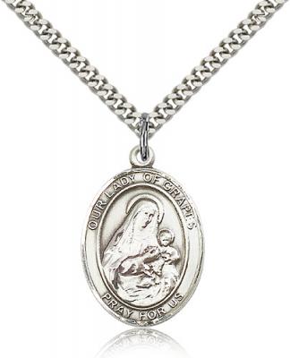 Sterling Silver Our Lady of Grapes Pendant, Stainless Silver Heavy Curb Chain, Large Size Catholic Medal, 1" x 3/4"