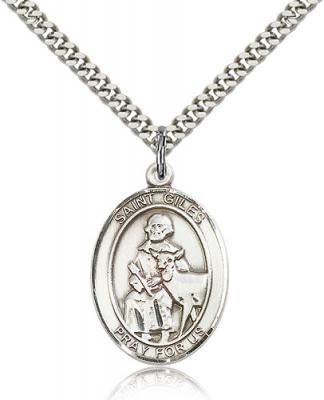 Sterling Silver St. Giles Pendant, Stainless Silver Heavy Curb Chain, Large Size Catholic Medal, 1" x 3/4"