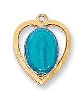 18KT Gold on Sterling Silver Blue Miraculous Heart Shaped Medal J426ME