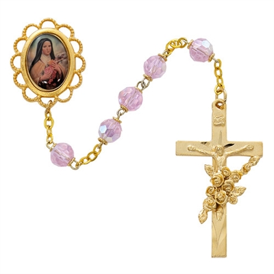 St. Therese Gold Rose Glass Bead  Rosary 591P/F