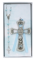 Boy Baptism Pewter Cross and Blue Rosary Set BS11