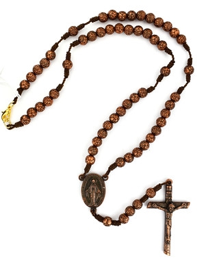 COPPER ROSE CORDED NECKLACE ROSARY  P392C