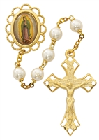 GOLDPLATED 7MM PEARL OUR LADY OF GUADALUPE ROSARY 854HF