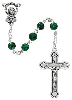Child's Italian Made 6MM Green Swirl Glass Bead Rosary P3GRR