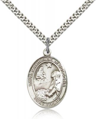 Sterling Silver St. Catherine of Bologna Pendant, Stainless Silver Heavy Curb Chain, Large Size Catholic Medal, 1" x 3/4"