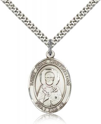 Sterling Silver St. John Chrysostom Pendant, Stainless Silver Heavy Curb Chain, Large Size Catholic Medal, 1" x 3/4"