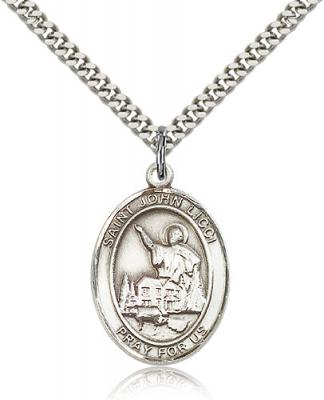Sterling Silver St. John Licci Pendant, Stainless Silver Heavy Curb Chain, Large Size Catholic Medal, 1" x 3/4"