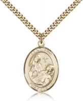 Gold Filled St. Fina Pendant, Stainless Gold Heavy Curb Chain, Large Size Catholic Medal, 1" x 3/4"
