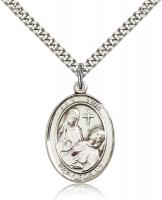 Sterling Silver St. Fina Pendant, Stainless Silver Heavy Curb Chain, Large Size Catholic Medal, 1" x 3/4"