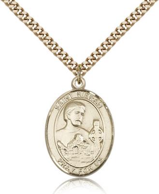 Gold Filled St. Kieran Pendant, SG Heavy Curb Chain, Large Size Catholic Medal, 1" x 3/4"