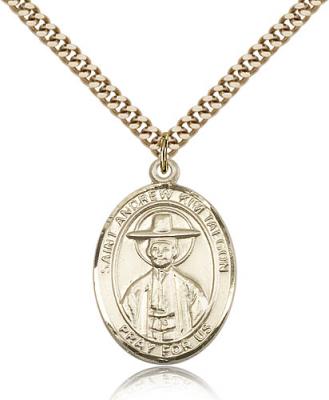 Gold Filled St. Andrew Kim Taegon Pendant, SG Heavy Curb Chain, Large Size Catholic Medal, 1" x 3/4"