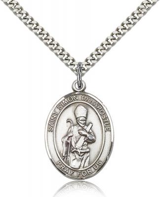 Sterling Silver St. Simon Pendant, SN Heavy Curb Chain, Large Size Catholic Medal, 1" x 3/4"
