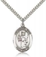 Sterling Silver St. Uriel Pendant, SN Heavy Curb Chain, Large Size Catholic Medal, 1" x 3/4"