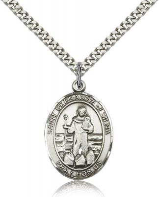 Sterling Silver St. Bernadine Of Sienna Pendant, SN Heavy Curb Chain, Large Size Catholic Medal, 1" x 3/4"