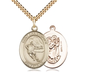 Gold Filled St. Christopher/Hockey Pendant, SG Heavy Curb Chain, Large Size Catholic Medal, 1" x 3/4"