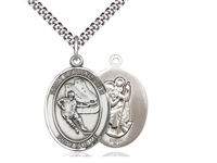 Sterling Silver St. Christopher/Hockey Pendant, Stainless Silver Heavy Curb Chain, Large Size Catholic Medal, 1" x 3/4"