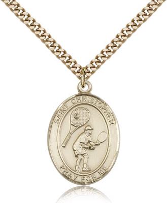 Gold Filled St. Christopher/Tennis Pendant, SG Heavy Curb Chain, Large Size Catholic Medal, 1" x 3/4"