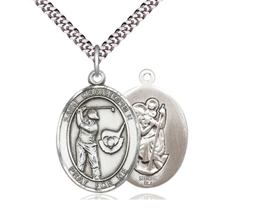 Sterling Silver St. Christopher / Golf Pendant, Stainless Silver Heavy Curb Chain, Large Size Catholic Medal, 1" x 3/4"