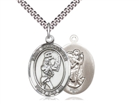Sterling Silver St. Christopher/Softball Pendant, Stainless Silver Heavy Curb Chain, Large Size Catholic Medal, 1" x 3/4"