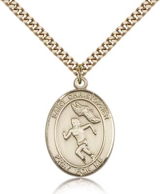 Gold Filled St. Christopher/Track&Field Pendant, SG Heavy Curb Chain, Large Size Catholic Medal, 1" x 3/4"