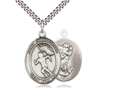 Sterling Silver St. Christopher/Track&Field Women , Stainless Silver Heavy Curb Chain, Large Size Catholic Medal, 1" x 3/4"